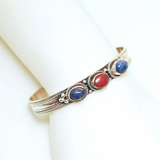 Bijoux indiens Ethniques bracelet argent 925 massif femme filigranes jonc pierre fine perle perles trio ovales Lapis-lazuli Corail naturelle vritable - Npal 042 b