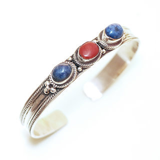 Bijoux indiens Ethniques bracelet argent 925 massif femme filigranes jonc pierre fine perle perles trio ovales Lapis-lazuli Corail naturelle vritable - Npal 042 a