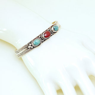 Bijoux indiens Ethniques bracelet argent 925 massif femme filigranes jonc pierre fine perle perles trio ovales Corail rouge vraie Turquoise naturelle vritable - Npal 043 b