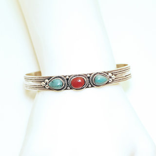 Bijoux indiens Ethniques bracelet argent 925 massif femme filigranes jonc pierre fine perle perles trio ovales Turquoise Corail naturelle vritable - Npal 044 b