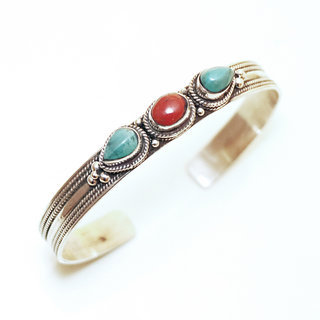 Bijoux indiens Ethniques bracelet argent 925 massif femme filigranes jonc pierre fine perle perles trio ovales Turquoise Corail naturelle vritable - Npal 044 a