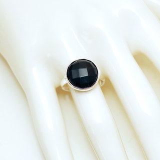 Bijoux ethniques Indiens bague argent 925 massif grandes ronde facette pierre fine Onyx noir - Inde 159 b