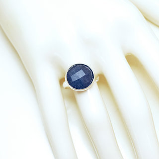 Bijoux ethniques Indiens bague argent 925 massif grandes ronde facette pierre fine Corindon Saphir bleue paillettes - Inde 159 b