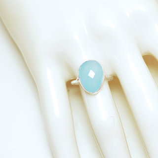 Bijoux ethniques Indiens bague argent 925 massif petites goutte facette pierre fine Calcdoine bleue - Inde 161 b