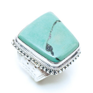 Bijoux ethniques indiens bague en argent 925 massif chevalire filigranes femme homme large grande rectangle et pierre fine vraie turquoise naturelle vritable npalais - Npal 143