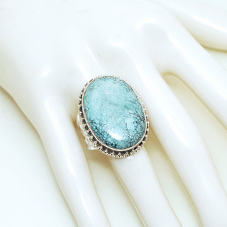 Bijoux ethniques indiens bague en argent 925 massif chevalire filigranes femme homme large grande ovale et pierre fine vraie turquoise naturelle vritable npalais - Npal 144 b