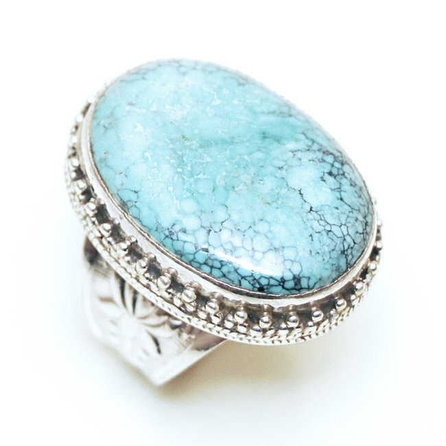 Bague chevalière large ovale filigranes argent 925 et Turquoise naturelle - Népal 144