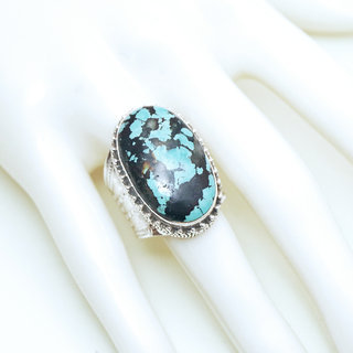 Bijoux ethniques indiens bague en argent 925 massif chevalire filigranes femme homme large grande ovale et pierre fine vraie turquoise naturelle vritable npalais - Npal 145 b