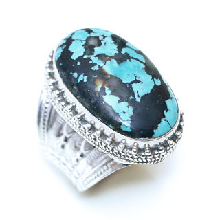 Bijoux ethniques indiens bague en argent 925 massif chevalire filigranes femme homme large grande ovale et pierre fine vraie turquoise naturelle vritable npalais - Npal 145