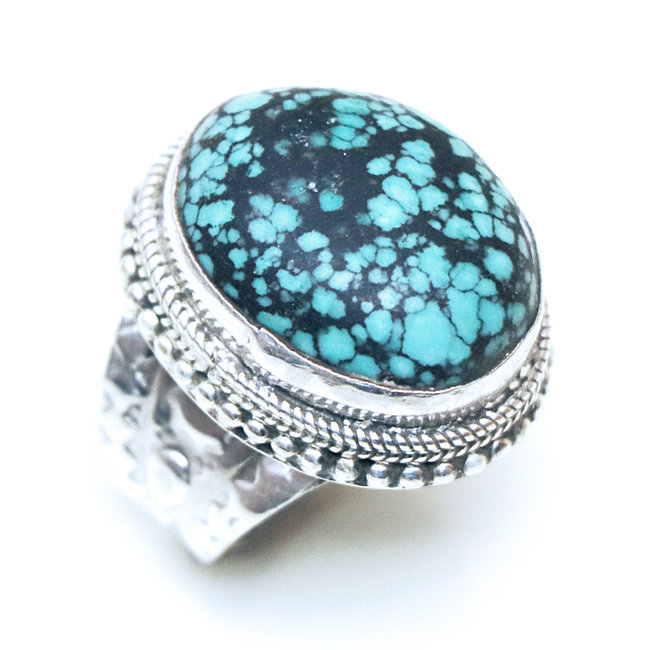 Bague chevalière large ovale filigranes argent 925 et Turquoise naturelle - Népal 146