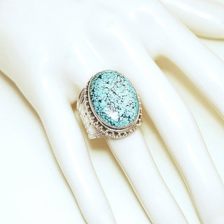 Bijoux ethniques indiens bague en argent 925 massif chevalire filigranes femme homme large grande ovale et pierre fine vraie turquoise naturelle vritable npalais - Npal 147 b