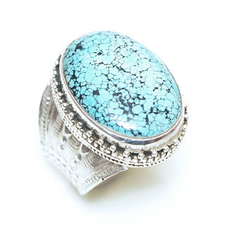 Bijoux ethniques indiens bague en argent 925 massif chevalire filigranes femme homme large grande ovale et pierre fine vraie turquoise naturelle vritable npalais - Npal 147