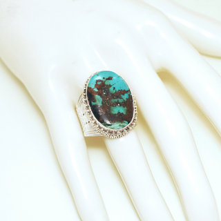 Bijoux ethniques indiens bague en argent 925 massif chevalire filigranes femme homme large grande ovale et pierre fine vraie turquoise naturelle vritable npalais - Npal 148 b