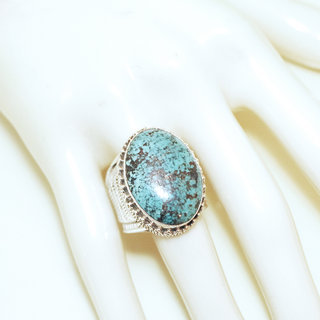 Bijoux ethniques indiens bague en argent 925 massif chevalire filigranes femme homme large grande ovale et pierre fine vraie turquoise naturelle vritable npalais - Npal 150 b