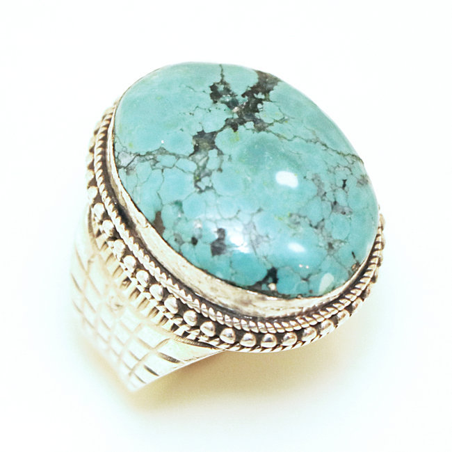 Bague chevalière large ovale filigranes argent 925 et Turquoise naturelle - Népal 151