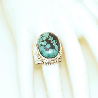 Bijoux ethniques indiens bague en argent 925 massif chevalire filigranes femme homme large grande ovale et pierre fine vraie turquoise naturelle vritable npalais - Npal 152 b