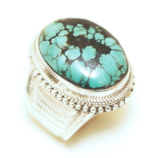 Bijoux ethniques indiens bague en argent 925 massif chevalire filigranes femme homme large grande ovale et pierre fine vraie turquoise naturelle vritable npalais - Npal 152