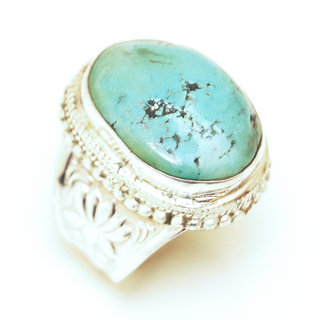 Bijoux ethniques indiens bague en argent 925 massif chevalire filigranes femme homme large grande ovale et pierre fine vraie turquoise naturelle vritable npalais - Npal 153