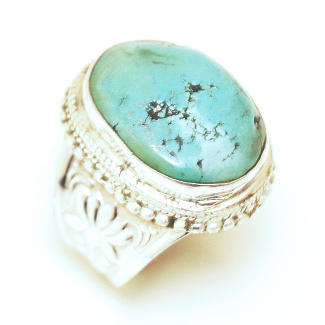 Bague chevalière large ovale filigranes argent 925 et Turquoise naturelle - Népal 153