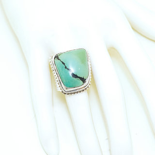 Bijoux ethniques indiens bague en argent 925 massif chevalire filigranes femme homme large grande rectangle et pierre fine vraie turquoise naturelle vritable npalais - Npal 155 b