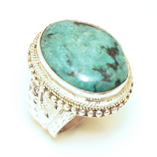 Bijoux ethniques indiens bague en argent 925 massif chevalire filigranes femme homme large grande ovale et pierre fine vraie turquoise naturelle vritable npalais - Npal 156