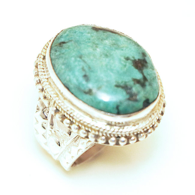 Bague chevalière large ovale filigranes argent 925 et Turquoise naturelle - Népal 156