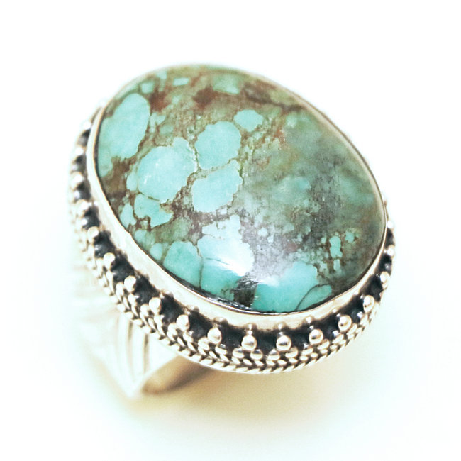 Bague chevalière large ovale filigranes argent 925 et Turquoise naturelle - Népal 157