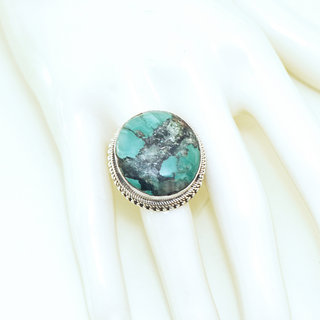 Bijoux ethniques indiens bague en argent 925 massif chevalire filigranes femme homme large grande ronde et pierre fine vraie turquoise naturelle vritable npalais - Npal 158 b