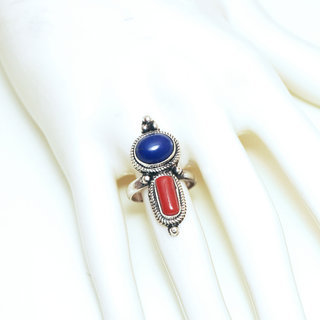 Bijoux ethniques indiens bague en argent 925 massif filigranes femme grande ovale et pierre fine vraie Lapis-Lazuli bleu fonc Corail rouge naturelle vritable npalais - Npal 163 b