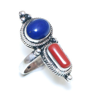 Bijoux ethniques indiens bague en argent 925 massif filigranes femme grande ovale et pierre fine vraie Lapis-Lazuli bleu fonc Corail rouge naturelle vritable npalais - Npal 163