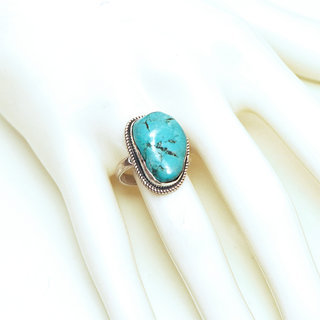 Bijoux ethniques indiens bague en argent 925 massif filigranes femme grande et pierre fine druzy vraie Turquoise brute naturelle vritable npalais - Npal 164 b