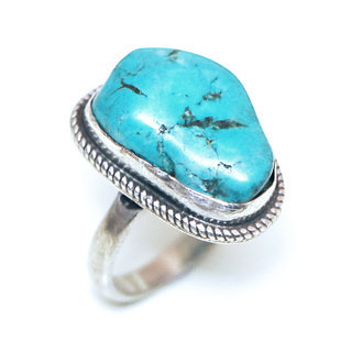 Bijoux ethniques indiens bague en argent 925 massif filigranes femme grande et pierre fine druzy vraie Turquoise brute naturelle vritable npalais - Npal 164