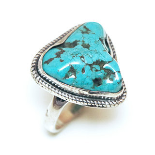 Bijoux ethniques indiens bague en argent 925 massif filigranes femme grande et pierre fine druzy vraie Turquoise brute naturelle vritable npalais - Npal 165