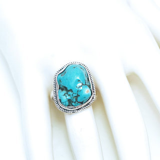 Bijoux ethniques indiens bague en argent 925 massif filigranes femme grande et pierre fine druzy vraie Turquoise brute naturelle vritable npalais - Npal 166 b