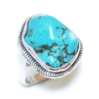 Bijoux ethniques indiens bague en argent 925 massif filigranes femme grande et pierre fine druzy vraie Turquoise brute naturelle vritable npalais - Npal 166