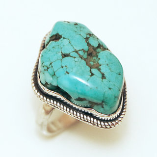 Bijoux ethniques indiens bague en argent 925 massif filigranes femme grande et pierre fine druzy vraie Turquoise brute naturelle vritable npalais - Npal 168