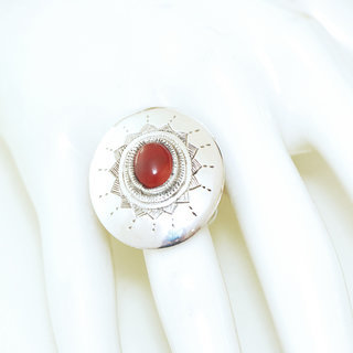 Bijoux touareg ethniques bague en argent 925 massif femme grande ovale grave pierre fine Cornaline orange marron - Niger 042 b