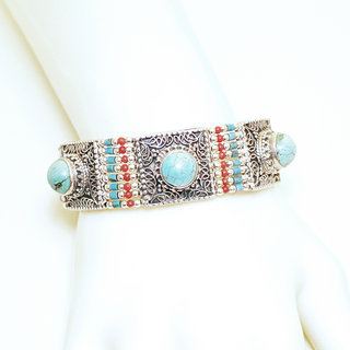 Bijoux indiens Ethniques bracelet argent 925 massif femme large filigranes pierre fine ronde vraie Turquoise naturelle vritable naturelle perles rouges - Npal 049 b