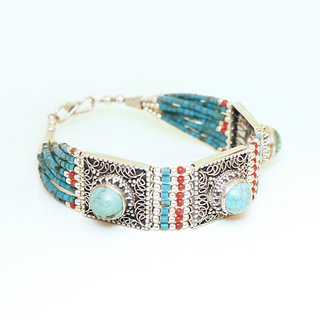 Bijoux indiens Ethniques bracelet argent 925 massif femme large filigranes pierre fine ronde vraie Turquoise naturelle vritable naturelle perles rouges - Npal 049 a