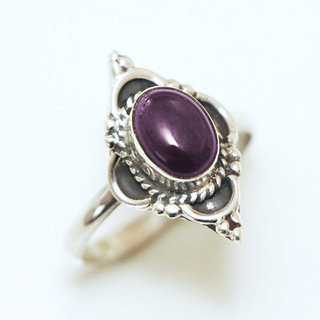 Bijoux ethniques Indiens bague en argent 925 massif femme jeune fille fine petite ovale fleur perles perle pierre fine amthyste violet - Inde 133