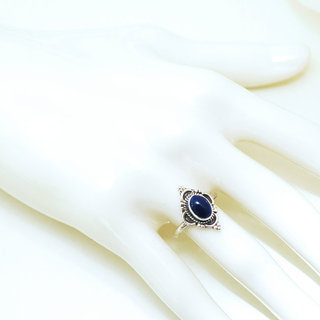 Bijoux ethniques Indiens bague en argent 925 massif femme jeune fille fine petite ovale fleur perles perle pierre fine lapis lazuli bleu - Inde 133 b