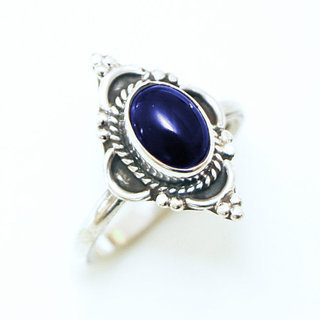 Bijoux ethniques Indiens bague en argent 925 massif femme jeune fille fine petite ovale fleur perles perle pierre fine lapis lazuli bleu - Inde 133