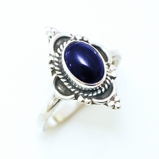 Bague argent 925 ovale fine fleur filigranes et Lapis-Lazuli - Inde 133