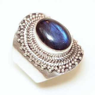 Bijoux ethniques Indiens bague chevalire argent 925 et pierre fine Filigrane Labradorite- Inde 003