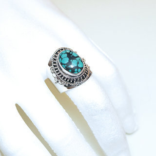 Bijoux ethniques Indiens bague argent 925 Chevalire ovale filigranes et pierre fine Turquoise naturelle vritable Veine - Inde 017S b