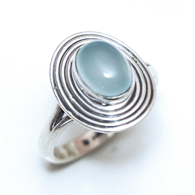 Bague ovale filigranes en argent 925 et Calcédoine bleue - Inde 124