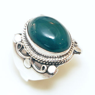 Bijoux ethniques Indiens bague argent 925 et pierre fine ovale chevalire 2 cm - 014G agate verte