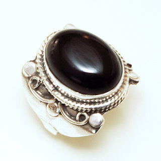 Bijoux ethniques Indiens bague argent 925 et pierre fine ovale chevalire 2 cm - 014G onyx noir