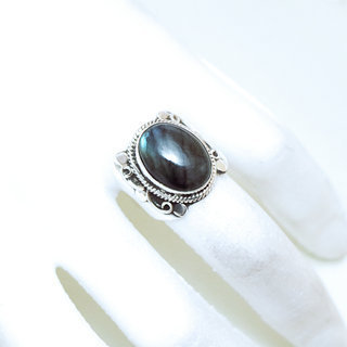 Bijoux ethniques Indiens bague argent 925 et pierre fine ovale chevalire 2 cm - 014G labradorite b