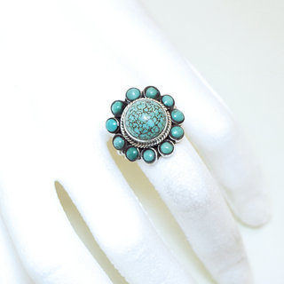 Bijoux ethniques indiens bague en argent 925 et pierre fine turquoise naturelle fleur npalais - 170 Npal b